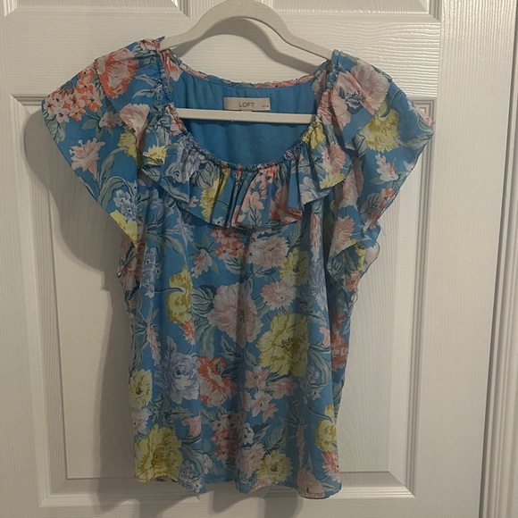 Loft Floral Ruffle Off-Shoulder Top - Blue - Picture 3 of 5